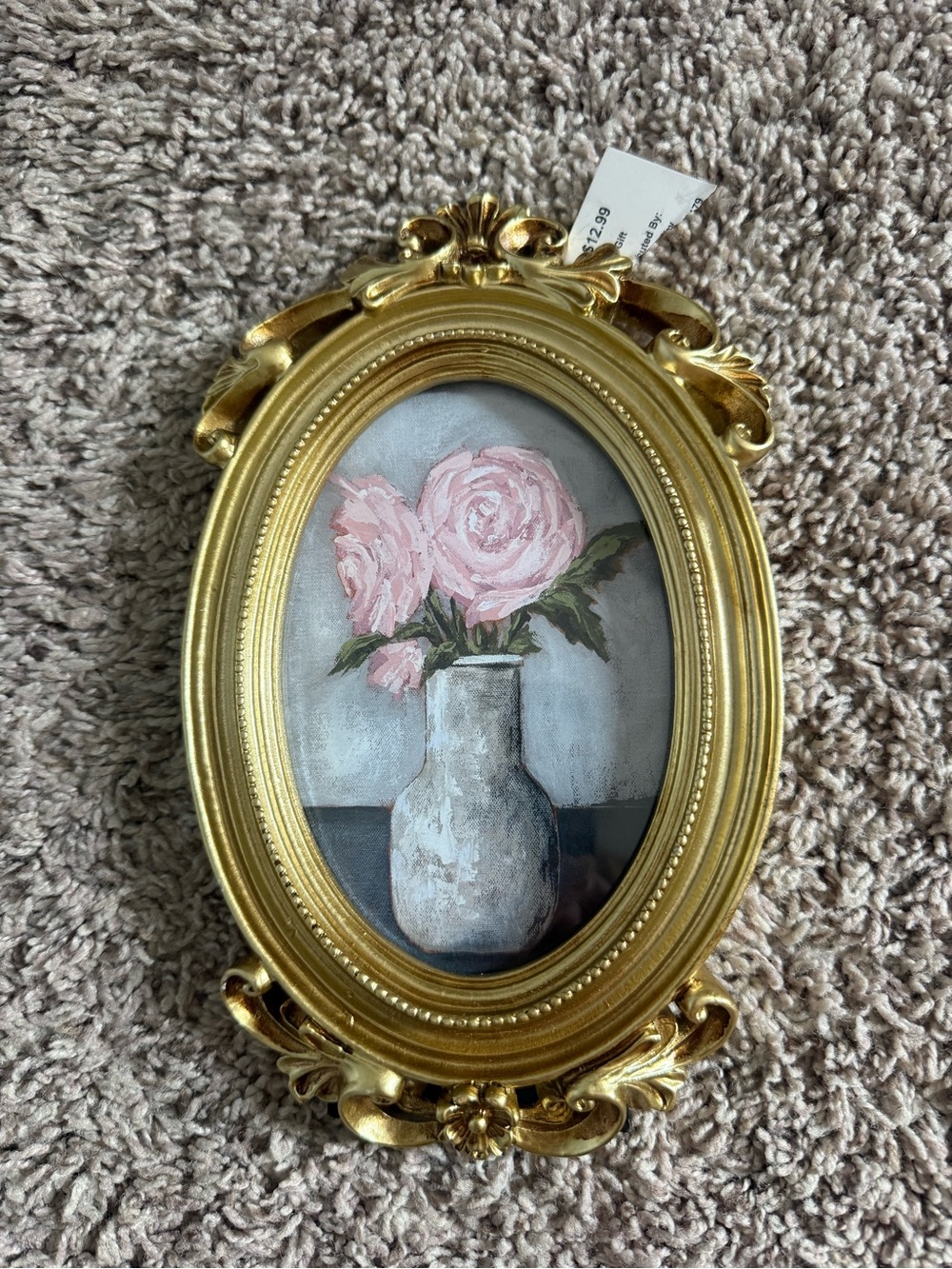Gold Oval Floral Wall Art - Pink Roses in Vase